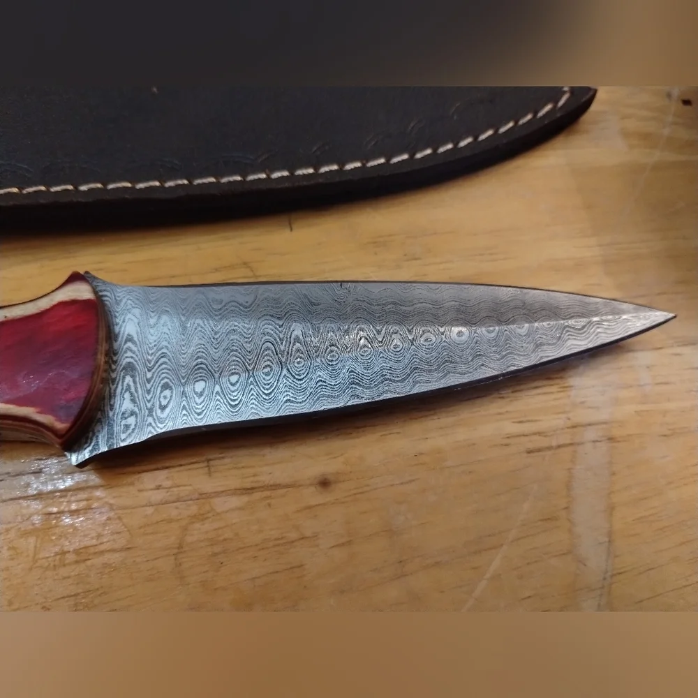 New Mens Red Damascus Steel Blade Knife Double Edged Dagger with Sheath - Picture 9 of 10